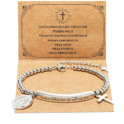 DS Inspirational Bracelet for Women Christian Engraved Bibler Verse Cross Butterfly Daisies Charm Bracelet, Exquisite Stainless Steel Jewelry Daughter Best Friend Bestie - style: God is Within Her She Will Not Fall-Silver