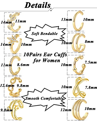 4-10 Pairs Stainless Steel Ear Cuff Helix Cartilage Clip On Wrap Earrings Fake Nose Ring Non-Piercing Adjustable - color: A6:10Pairs, Gold Tone