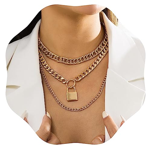 Jumwrit Chunky Chain Necklace Punk Layered Choker Necklaces Cuban Link Chain Necklace with Lock Pendant Necklace Statement Necklace for Women and Girls - color: Gold