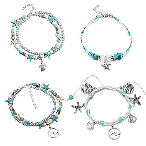 Softones Blue Starfish Turtle Anklet Multilayer Charm Beads Sea Handmade Boho Anklet Foot Jewelry for Women - style: G:4pcs Turtle Wave Starfish Shell