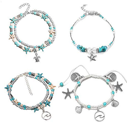 Softones Blue Starfish Turtle Anklet Multilayer Charm Beads Sea Handmade Boho Anklet Foot Jewelry for Women - style: G:4pcs Turtle Wave Starfish Shell
