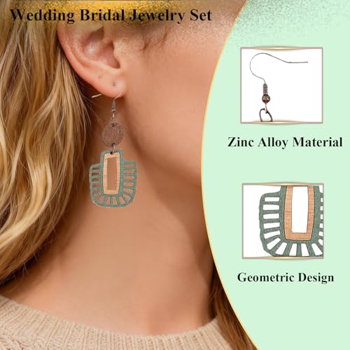 Bohemian Boho Olive Green Wooden Dangle Earrings for Women, Vintage Western Geometric Teardrop Style