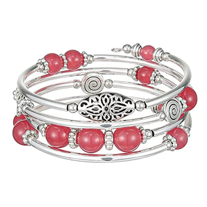 FULU AUTUMN Stackable Beaded Bracelets for Women Boho Wrap Silver Bracelet Layered Fashion Jewelry Gifts for Her - color: 17-Rose red