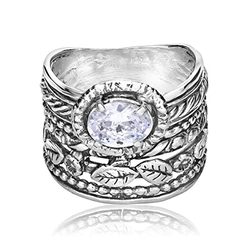 JEAN RACHEL JEWELRY 925 Sterling Silver Ring - Wide Multi Strand Floral & Leaves with Cubic Zirconia Vintage Design - Hypoallergenic, Lead & Nickel Free - Artisan Handcrafted Statement Rings for Women