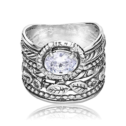 JEAN RACHEL JEWELRY 925 Sterling Silver Ring - Wide Multi Strand Floral & Leaves with Cubic Zirconia Vintage Design - Hypoallergenic, Lead & Nickel Free - Artisan Handcrafted Statement Rings for Women