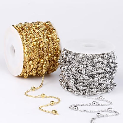 33FT 2mm Stainless Steel Satellite Bead Chains Roll Bulk for Jewelry Making | 304 Stainless Steel Ball Beaded Cable Link Chains Spool for Necklace DIY Craft - color: Stainless Steel Big Beads Satellite Cable Chain