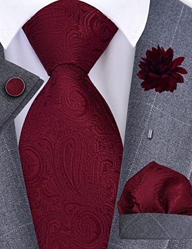 GUSLESON 3.15"（8cm） Mens Tie and Lapel Pin Paisley Necktie Hankerchief Cufflinks Set for Men - color: Burgundy