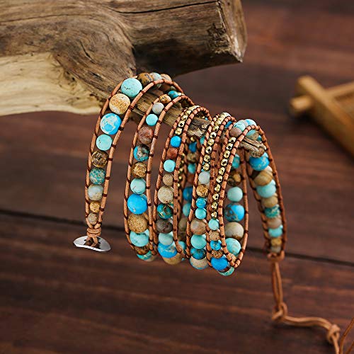 Plumiss Women Boho Handmade Natural Stone Crystal Leather Bead Wrap Bracelets Collection - style: Turquoie Jasper 5W