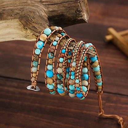 Plumiss Women Boho Handmade Natural Stone Crystal Leather Bead Wrap Bracelets Collection - style: Turquoie Jasper 5W
