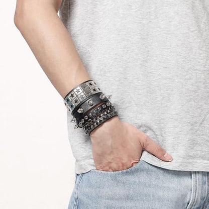 Mens Bracelet Braided Leather Punk Rock Cuff Bracelets Wrap Bracelet for Men Women Black - color: D:3PCS