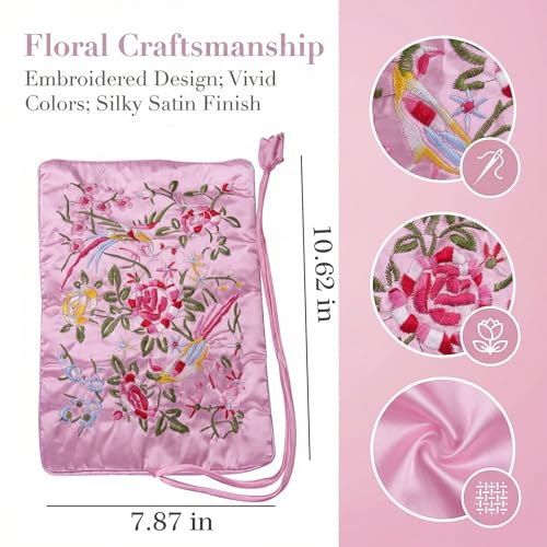 Travel Jewelry Bag Roll Embroidered Flower Bird Brocade Pink Organizer Pouch Case for Traveling Necklace Holder Rolls Tie Close Storage Accessories