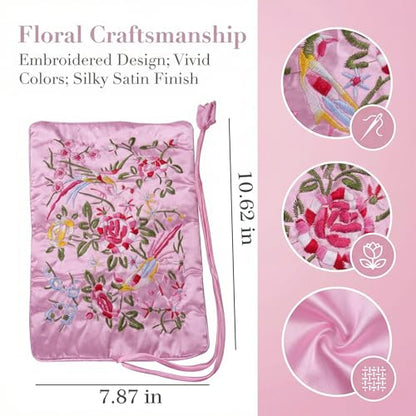 Travel Jewelry Bag Roll Embroidered Flower Bird Brocade Pink Organizer Pouch Case for Traveling Necklace Holder Rolls Tie Close Storage Accessories