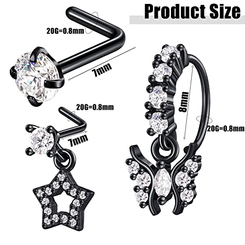 18 Pcs Dangle Nose Ring L Shaped Dangling Nose Stud Nose Ring Hoop Indian Nose Piercing Jewelry with Charm - color: Black