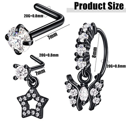 18 Pcs Dangle Nose Ring L Shaped Dangling Nose Stud Nose Ring Hoop Indian Nose Piercing Jewelry with Charm - color: Black