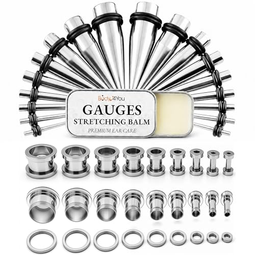BodyJ4You 37PC Ear Gauge Stretching Kit 14G-00G - Aftercare Balm Tapers | Gauges for Ears Dead Stretching Lobe - Surgical Stainless Steel Single Flare Plugs - Flesh Tunnels O-Rings Expander Men Women - color: Silvertone, Screw Fit