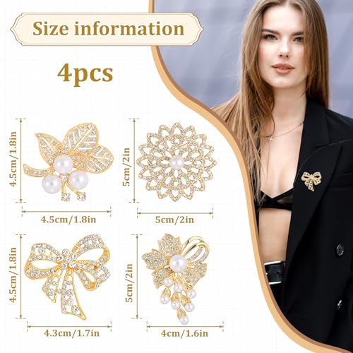 4pcs Brooches and Pins for Women, Flower Brooch, Crystal Pearl Brooch, for Women Fashion Accessories - style: bow