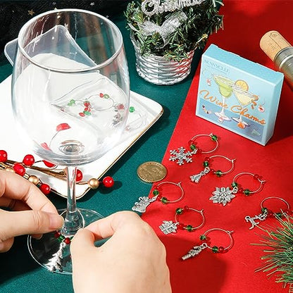 SUNNYCLUE 1 Box 12 Sets Christmas Wine Charms Silver Wine Glass Identication Charm Red Green Beads Brass Beading Hoops Rings Snowman Snowflake Party Drink Markers for Stemless Glasses - style: 12 Sets Silver Tone Christmas Wine Charms & Upgraded Gift Box