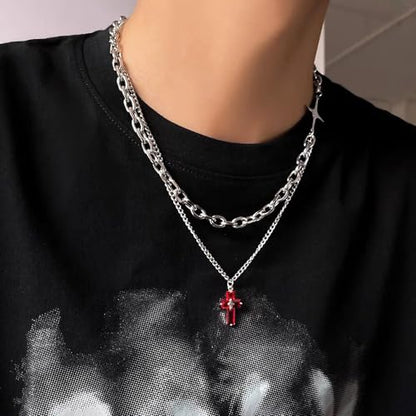 Gothic Cross Star Necklace For Men Women Silver Stainless Steel Cuban Link Paperclip Figaro Bead Chain Punk Kpop Y2k Goth Irregular Layered Cross Pendant Necklace Non Tarnish Jewelry Gift - color: Silver B