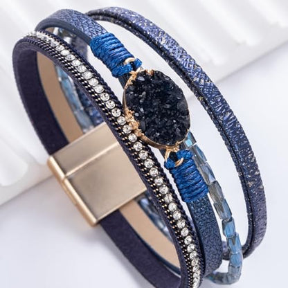 Boho Chunky Leather Wrap Bracelets Stackable Beaded Western Country Jewelry | Crystal Bead Trendy Layered Cuff Magnetic Clasp Stack Bohemian Statement Costume Outfits Cowgirl Fashion Hippie Accessories - color: Navy Blue, size: 7.7"