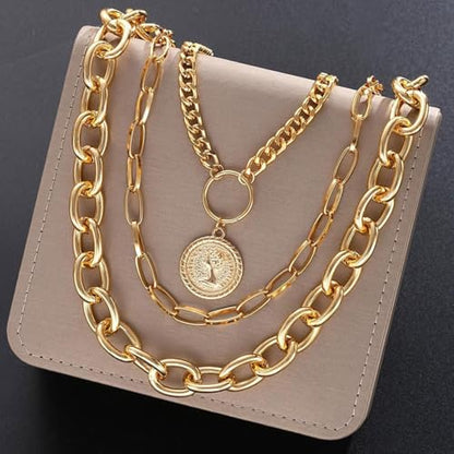 Gold Chunky Layered Coin Necklaces for Women Trendy Cuban Link Paperclip Chains Necklace Stack Coin Pendant Necklace Set Jewelry Gifts - color: Gold