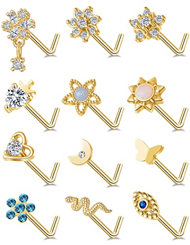 Akeoqi 12Pcs Nose Rings Stud L Shape Nose Rings Cubic Zirconia Butterfly Flower Eye Moon Crown Heart Lightning Shape Nose Studs Piercing Jewelry for Women Men Silver Gold Plated 20G - style: F:Snake&Gold