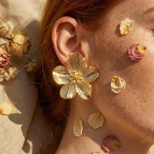Chunky Gold Plated Flower Statement Drop Earrings for Women | Hypoallergenic 18K Gold Plated Textured Petal Wing, Large Statement Dangle Earrings for Wedding Party - color: Gold flower-A