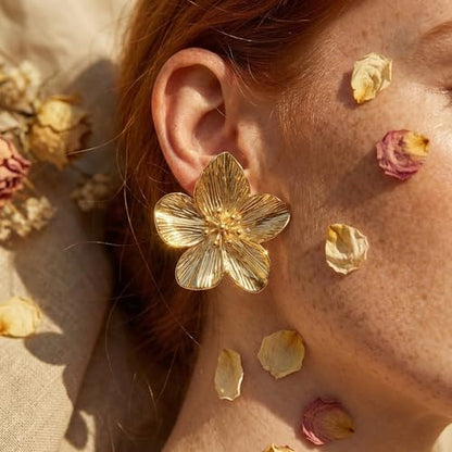 Chunky Gold Plated Flower Statement Drop Earrings for Women | Hypoallergenic 18K Gold Plated Textured Petal Wing, Large Statement Dangle Earrings for Wedding Party - color: Gold flower-A