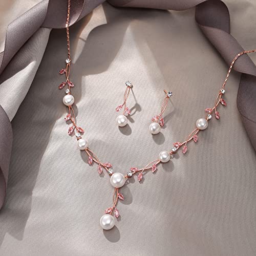 EVER FAITH Cubic Zirconia Pearl Leaf Vine Wedding Jewelry Set for Bride | Crystal Filigree Bridal Necklace Earrings, for Women Bridesmaid - color: 2pcs_Light Pink Rose Gold-Plated-Brass