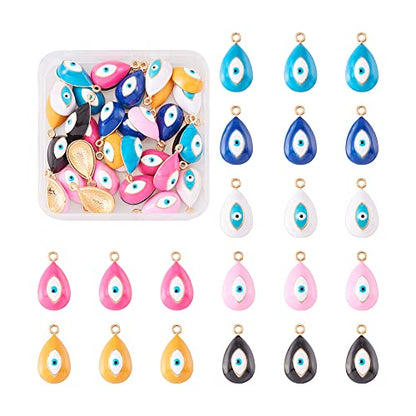 Cheriswelry 42pcs Teardrop with Evil Eye Pendants Charms Light Gold Alloy Enamel Drop Pendants Metal Dangle Charms Hang Ornament 21.5x12mm for DIY Earring Necklace Craft Jewelry Making - color: 7 Color-Teardrop with Evil Eye