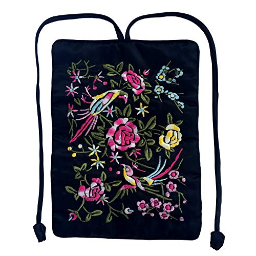 Travel Jewelry Roll Bag - Silk Embroidered Brocade Pouch for Rings, Necklaces, Earrings, Bracelets | Lightweight & Tie Closure (Black) - color: Black