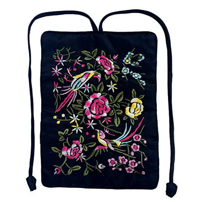 Travel Jewelry Roll Bag - Silk Embroidered Brocade Pouch for Rings, Necklaces, Earrings, Bracelets | Lightweight & Tie Closure (Black) - color: Black