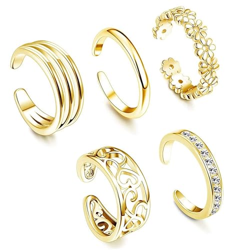 5 Pcs Filled Toe Rings for Women Non Tarnish Filled Toe Ring Adjustable Flower Cz Dainty Toe Ring Summer Beach Open Toe Rings Set Toe Jewelry Foot Jewelry(Gold,Silver,Rose Gold) - color: Gold