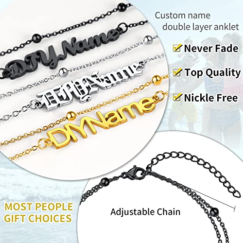 ChainsHouse Double Layer Anklet Bracelet for Women,Adjustable Chain Anklets Stackable Dainty Anklets,Stainless Steel/Gold Plated/Black Ankle Jewelry Gifts - color: C-Black-Bead Chain