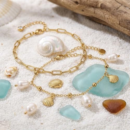 Dainty Gold Shell Pearl Ankle Bracelets for Women, Trendy Anklet Stack Charm Bracelet Adjustable Chain Summer Ocean Beach Accessories Fashion Jewelry Gift - color: Paperclip Chain
