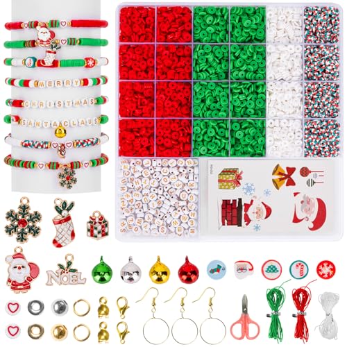 Goldwise Christmas Friendship Bracelet Kit-Christmas Clay Beads and White Letter Beads (A-Z) for Jewelry Making,Varieties of Charms for Bracelets, DIY Gifts - size: Christmas