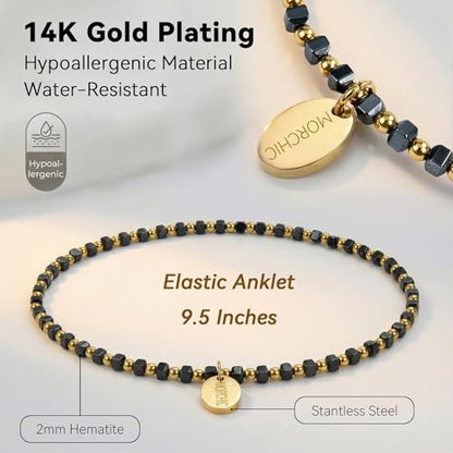 Womens Hematite Anklet, Handmade Foot Chain, Elastic Beach Chakra Jewelry - color: Ank-1