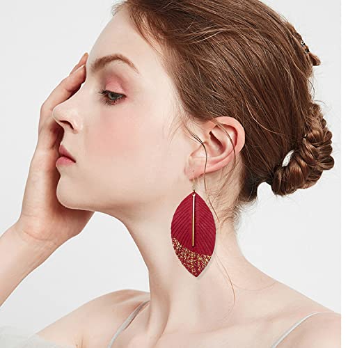 Bohemian Handmade Lightweight Color Large Genuine Soft Leather Fringe Feather Leaf Tear Dangle Drop Earrings for Women Statement - color: 2-Red