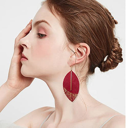 Bohemian Handmade Lightweight Color Large Genuine Soft Leather Fringe Feather Leaf Tear Dangle Drop Earrings for Women Statement - color: 2-Red