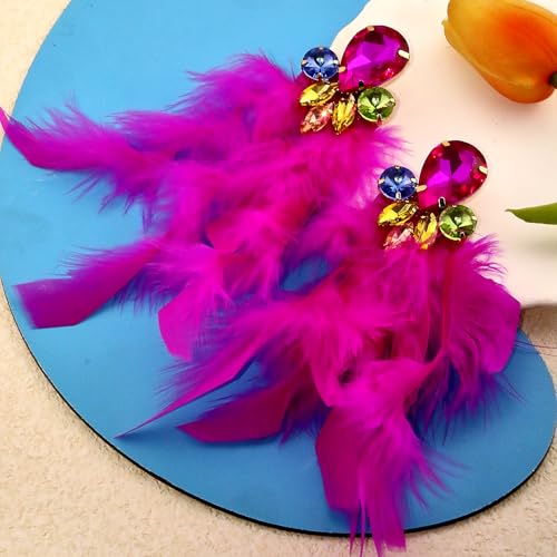 Long Feather Earrings for Women Bohemian Crystal Zirconia Dangle Feather Earrings Crystal Tassel Feather Earrings Wedding Halloween Prom Jewelry - color: Red