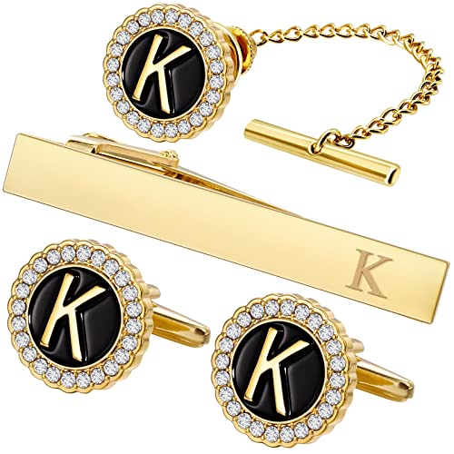 HAWSON Tie Clips, Cufflinks, Tie Tack & Lapel Pins for Men - Suitable for Neckties and French Cuff or Dress Shirt Suits - Jewelry Box Packed, Initials Designed - style: K-4pcs Sets