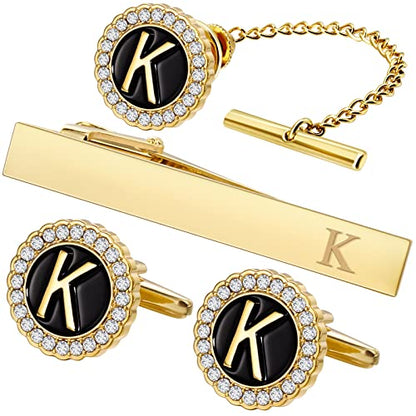 HAWSON Tie Clips, Cufflinks, Tie Tack & Lapel Pins for Men - Suitable for Neckties and French Cuff or Dress Shirt Suits - Jewelry Box Packed, Initials Designed - style: K-4pcs Sets
