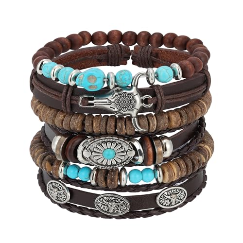 Braided Faux Leather Bracelet Punk Cuff Wrap Bracelets for Men Women Skull,Star,Bull bracelets - color: A5:6PCS