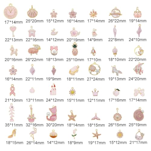 40pcs(20PAIRS) Assorted Gold Tone Enamel Animals Fruit Moon Star Dainty Dangle Flowers Pendants Charms for Jewelry Making Necklace Bracelet, Pink Theme