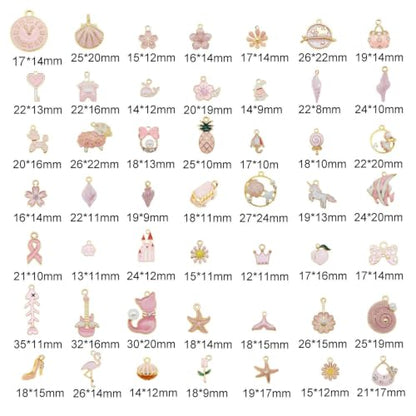 40pcs(20PAIRS) Assorted Gold Tone Enamel Animals Fruit Moon Star Dainty Dangle Flowers Pendants Charms for Jewelry Making Necklace Bracelet, Pink Theme