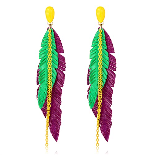 NVENF Feather Tassel Dangle Earrings for Women Bohemian Faux Leather Plume Gold-tone Metal Chain Fringe Statement Drop Earrings Vintage Ethnic Style Jewelry - color: Mardi Gras