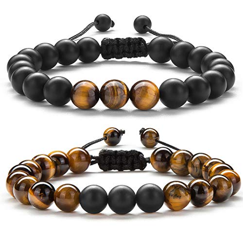 Men Women 8mm Tiger Eye Stone Beads Bracelet - color: 2 Pcs Set 1-21018