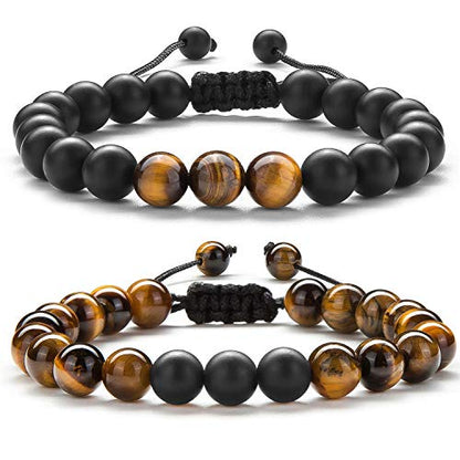 Men Women 8mm Tiger Eye Stone Beads Bracelet - color: 2 Pcs Set 1-21018