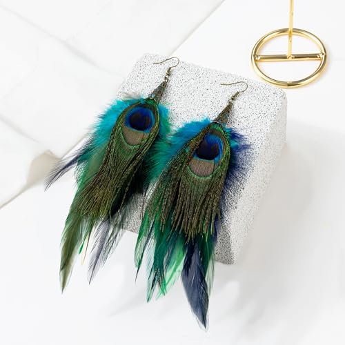 Bohemian Pheasant Peacock Long Feathers Statement Earrings Handmade Natural Lightweight Feather Dangle Earrings for Women (ea000071) - color: Peacock Blue 2