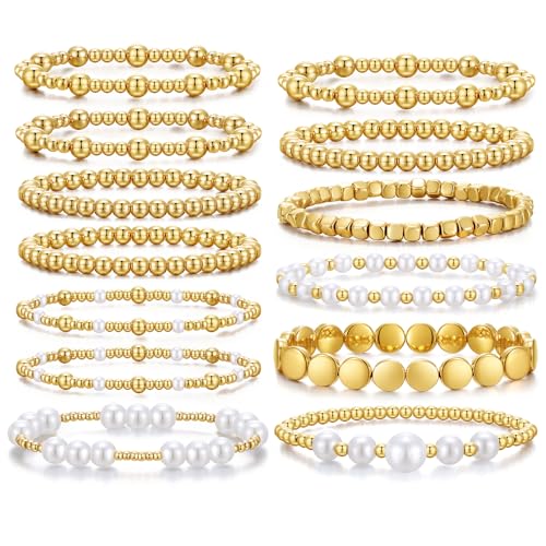 KISS WIFE Gold Beaded Bracelets for Women, Stackable Stretch Bracelet Set | 13 stretch bracelets combine polished gold-tone beads and faux pearls for stacked or individual everyday styling. - color: Gold