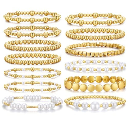KISS WIFE Gold Beaded Bracelets for Women, Stackable Stretch Bracelet Set | 13 stretch bracelets combine polished gold-tone beads and faux pearls for stacked or individual everyday styling. - color: Gold